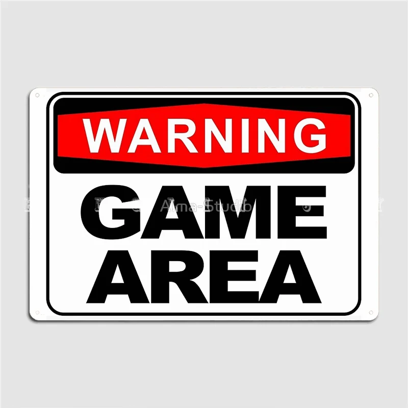 Retro Gaming Art - WARNING GAME AREA Retro Metal Tin